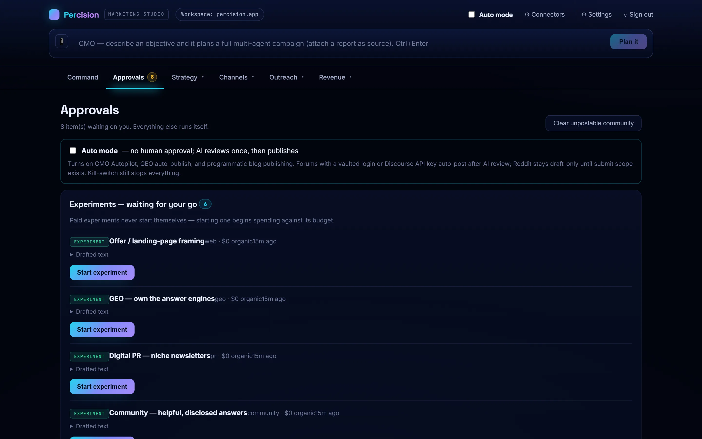 The approvals screen: items waiting on a person, each with the drafted text and buttons to approve and post, send, or dismiss.