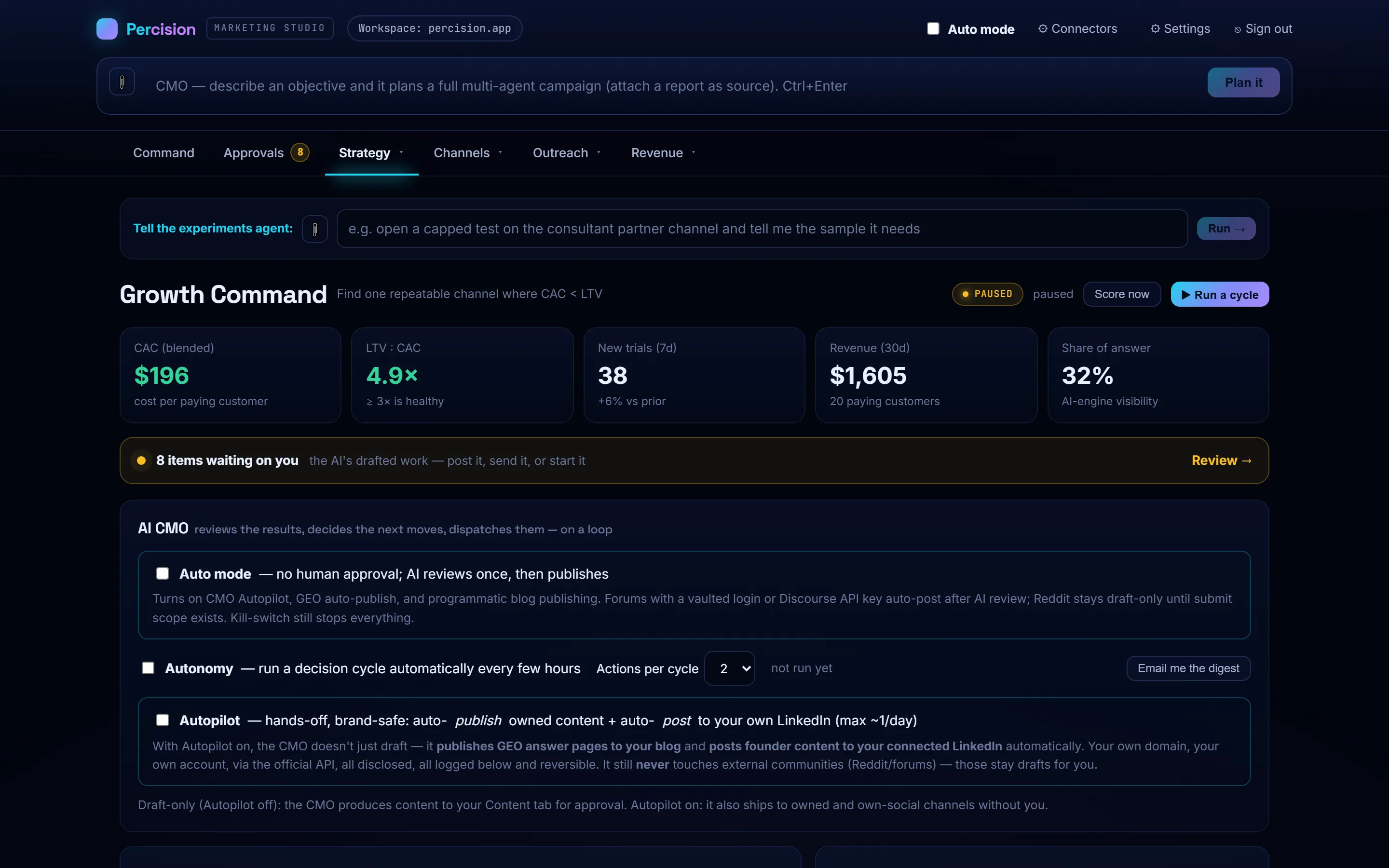 Growth Command: blended CAC, LTV to CAC ratio, new trials, revenue and share of answer, above the AI CMO's autonomy and autopilot switches and its decision log.